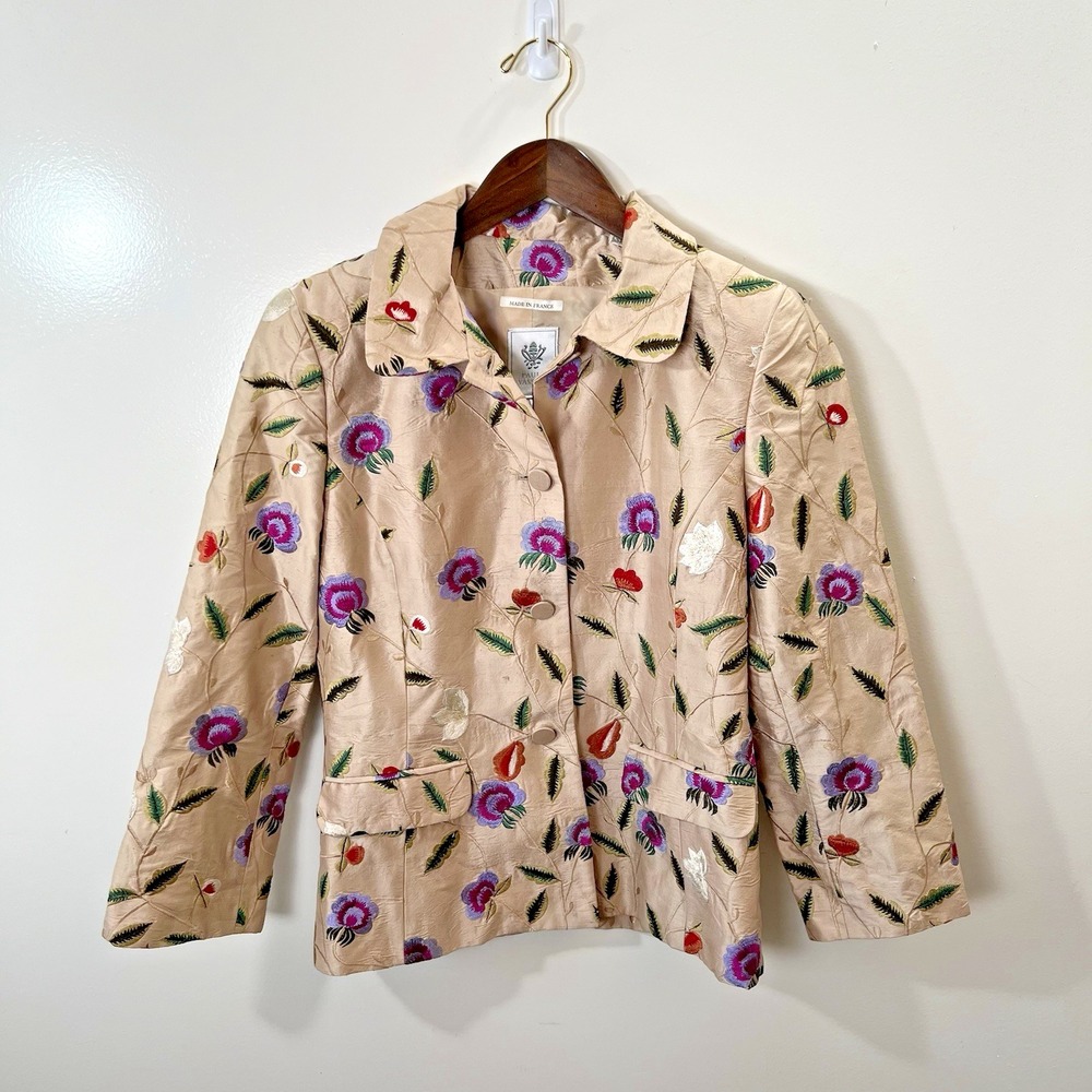 Paule Vasseur Womens Embroidered Floral Silk Jacket M 38 Old Money Workwear